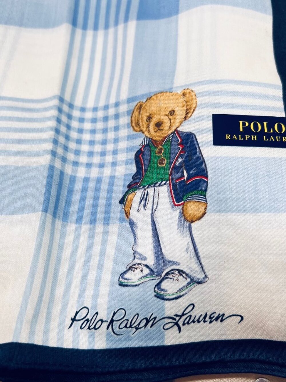 Polo Ralph Lauren Handkerchief/ Bandana 19" white blue check with Bear (82) - Picture 13 of 13